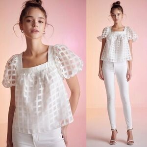 English Factory White Grid Pattern Puff Sleeve Organza Top- Size Extra Small